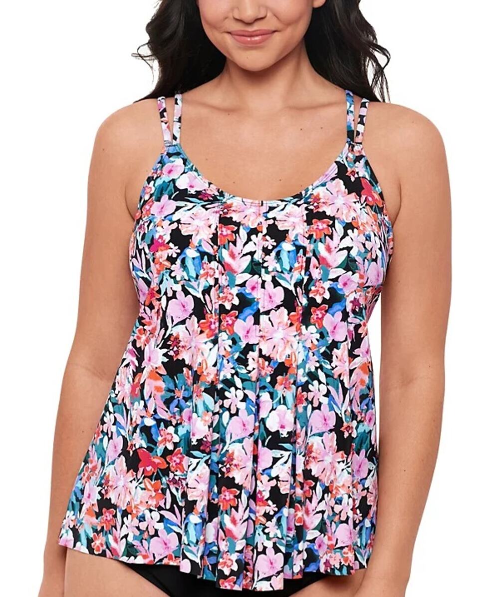 Swim Solutions Women's Plus Blushing Pleated Tankini Top In Floral Multi